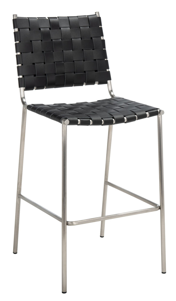 Safavieh Bahari Woven Counter Stool - Contemporary Design With Natural Leather Seat & Sleek Silver Base Black / Silver BST3010E