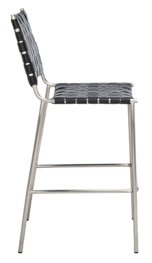 Safavieh Bahari Woven Counter Stool - Contemporary Design With Natural Leather Seat & Sleek Silver Base Black / Silver BST3010E