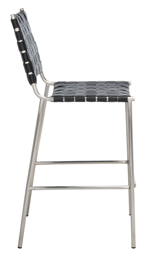 Safavieh Bahari Woven Counter Stool - Contemporary Design With Natural Leather Seat & Sleek Silver Base Black / Silver BST3010E