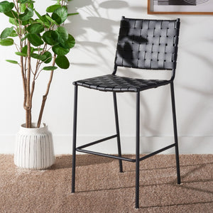 Safavieh Bahari Woven Counter Stool - Contemporary Design With Natural Leather Seat & Sleek Silver Base Black / Black BST3010F