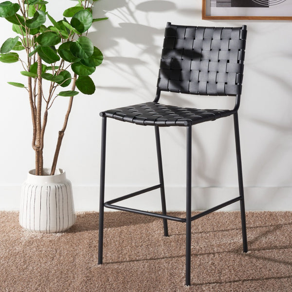 Safavieh Bahari Woven Counter Stool - Contemporary Design With Natural Leather Seat & Sleek Silver Base Black / Black BST3010F