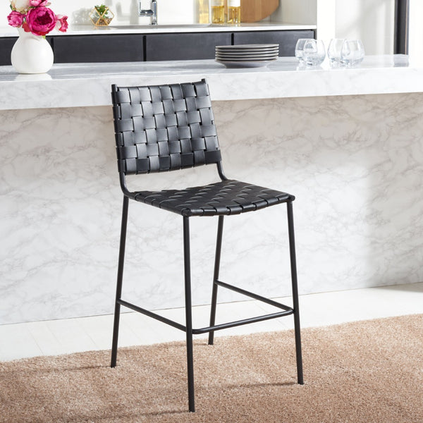 Safavieh Bahari Woven Counter Stool - Contemporary Design With Natural Leather Seat & Sleek Silver Base Black / Black BST3010F