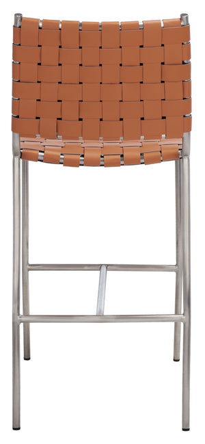 Safavieh Olenna Woven Counter Stool - Artisanal Leather Seat With Sleek Metal Base For Modern Dining Spaces Cognac / Silver BST3011A