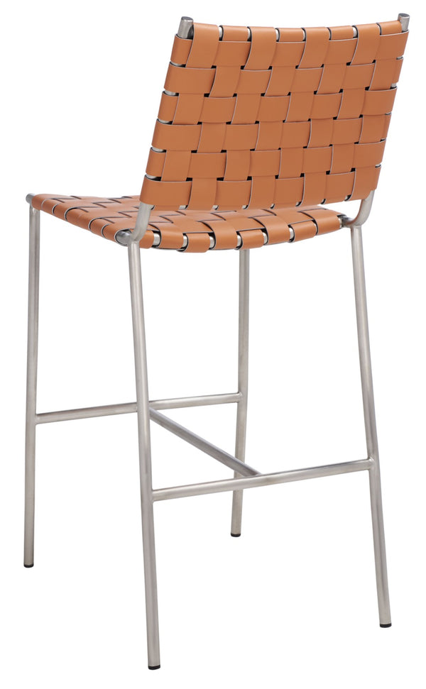 Safavieh Olenna Woven Counter Stool - Artisanal Leather Seat With Sleek Metal Base For Modern Dining Spaces Cognac / Silver BST3011A