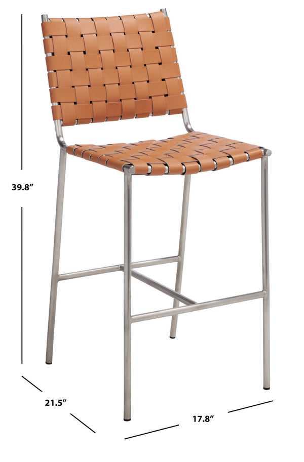 Safavieh Olenna Woven Counter Stool - Artisanal Leather Seat With Sleek Metal Base For Modern Dining Spaces Cognac / Silver BST3011A