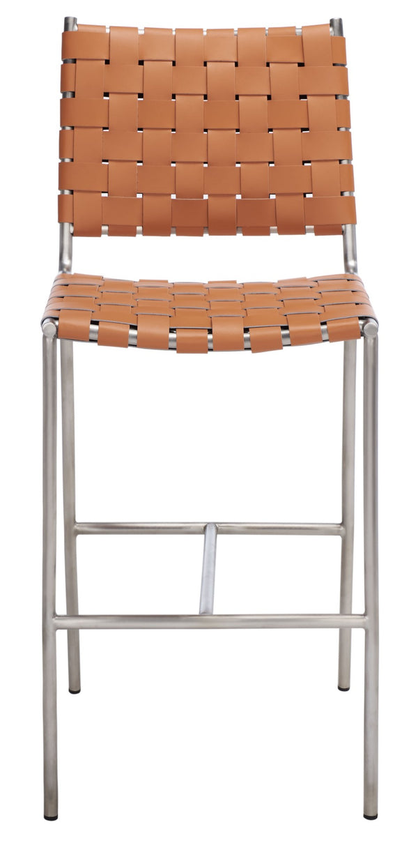 Safavieh Olenna Woven Counter Stool - Artisanal Leather Seat With Sleek Metal Base For Modern Dining Spaces Cognac / Silver BST3011A