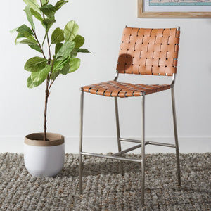 Safavieh Olenna Woven Counter Stool - Artisanal Leather Seat With Sleek Metal Base For Modern Dining Spaces Cognac / Silver BST3011A