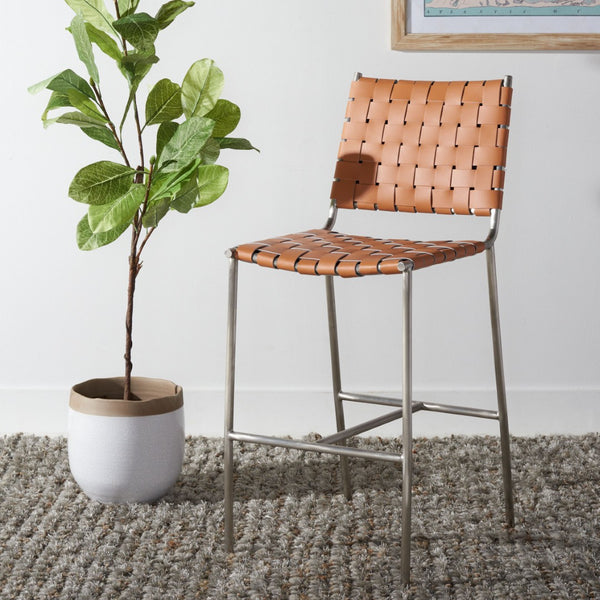 Safavieh Olenna Woven Counter Stool - Artisanal Leather Seat With Sleek Metal Base For Modern Dining Spaces Cognac / Silver BST3011A