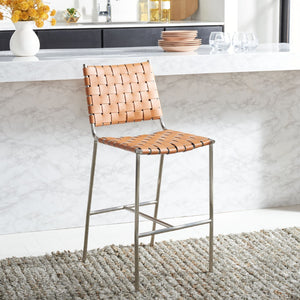 Safavieh Olenna Woven Counter Stool - Artisanal Leather Seat With Sleek Metal Base For Modern Dining Spaces Cognac / Silver BST3011A