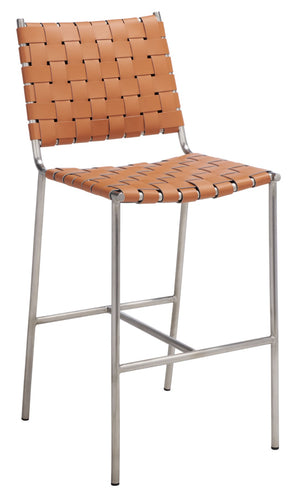 Safavieh Olenna Woven Counter Stool - Artisanal Leather Seat With Sleek Metal Base For Modern Dining Spaces Cognac / Silver BST3011A