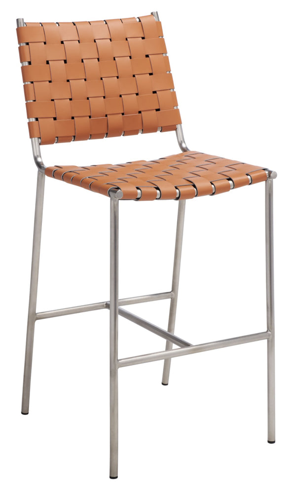 Safavieh Olenna Woven Counter Stool - Artisanal Leather Seat With Sleek Metal Base For Modern Dining Spaces Cognac / Silver BST3011A