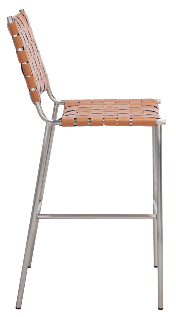 Safavieh Olenna Woven Counter Stool - Artisanal Leather Seat With Sleek Metal Base For Modern Dining Spaces Cognac / Silver BST3011A