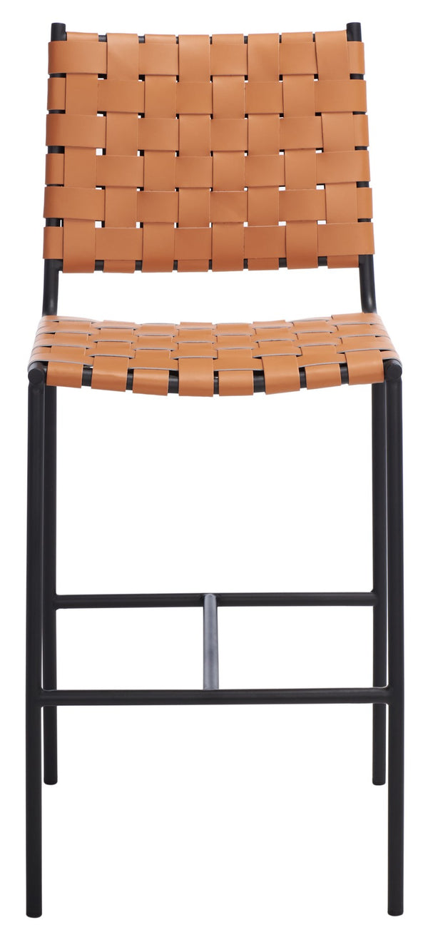 Safavieh Olenna Woven Counter Stool - Artisanal Leather Seat With Sleek Metal Base For Modern Dining Spaces Cognac / Black BST3011B