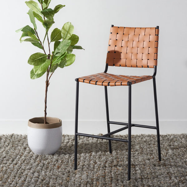 Safavieh Olenna Woven Counter Stool - Artisanal Leather Seat With Sleek Metal Base For Modern Dining Spaces Cognac / Black BST3011B