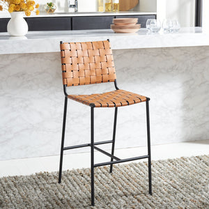 Safavieh Olenna Woven Counter Stool - Artisanal Leather Seat With Sleek Metal Base For Modern Dining Spaces Cognac / Black BST3011B