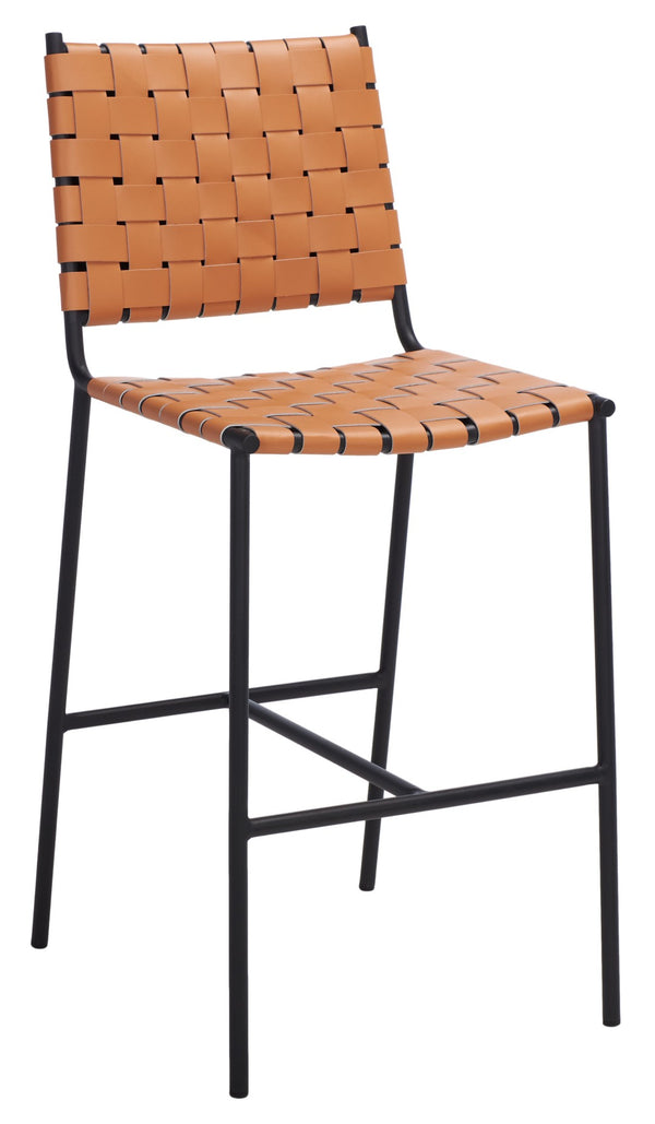 Safavieh Olenna Woven Counter Stool - Artisanal Leather Seat With Sleek Metal Base For Modern Dining Spaces Cognac / Black BST3011B