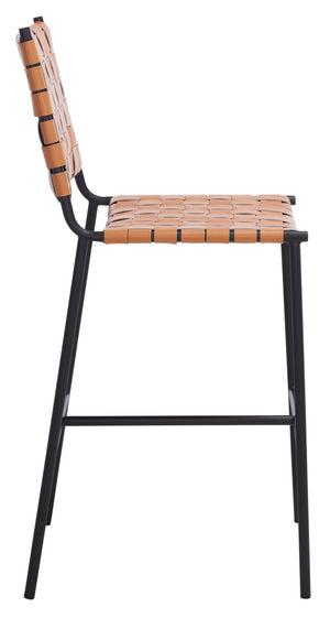 Safavieh Olenna Woven Counter Stool - Artisanal Leather Seat With Sleek Metal Base For Modern Dining Spaces Cognac / Black BST3011B