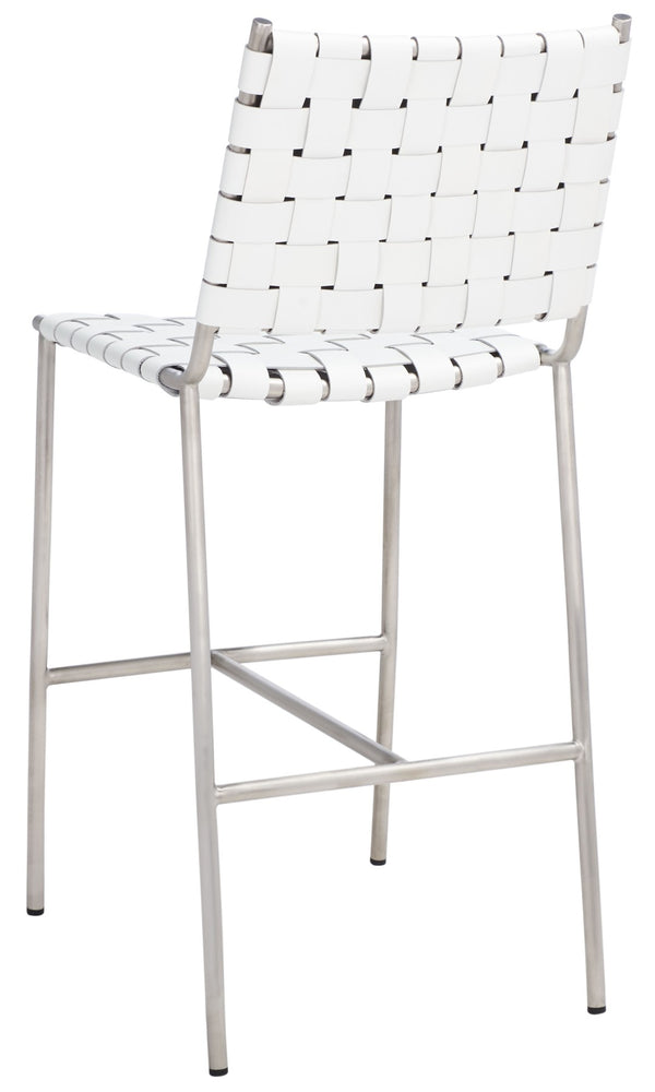 Safavieh Olenna Woven Counter Stool - Artisanal Leather Seat With Sleek Metal Base For Modern Dining Spaces White / Silver BST3011C