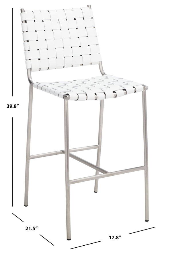Safavieh Olenna Woven Counter Stool - Artisanal Leather Seat With Sleek Metal Base For Modern Dining Spaces White / Silver BST3011C