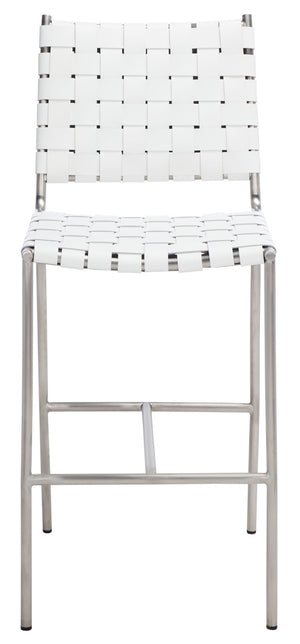 Safavieh Olenna Woven Counter Stool - Artisanal Leather Seat With Sleek Metal Base For Modern Dining Spaces White / Silver BST3011C