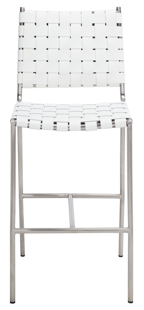 Safavieh Olenna Woven Counter Stool - Artisanal Leather Seat With Sleek Metal Base For Modern Dining Spaces White / Silver BST3011C