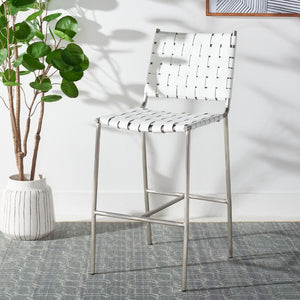 Safavieh Olenna Woven Counter Stool - Artisanal Leather Seat With Sleek Metal Base For Modern Dining Spaces White / Silver BST3011C