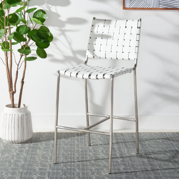 Safavieh Olenna Woven Counter Stool - Artisanal Leather Seat With Sleek Metal Base For Modern Dining Spaces White / Silver BST3011C