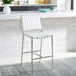 Safavieh Olenna Woven Counter Stool - Artisanal Leather Seat With Sleek Metal Base For Modern Dining Spaces White / Silver BST3011C