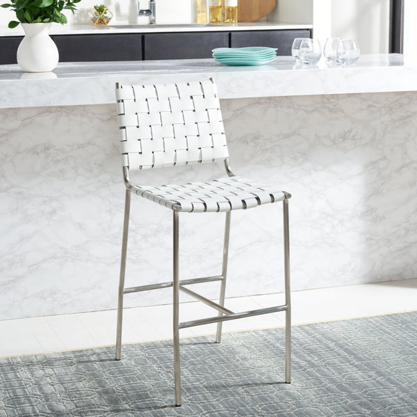Safavieh Olenna Woven Counter Stool - Artisanal Leather Seat With Sleek Metal Base For Modern Dining Spaces White / Silver BST3011C