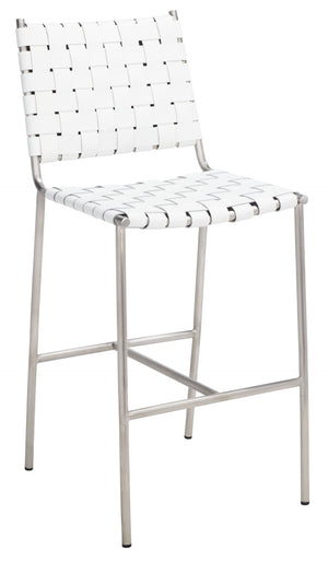 Safavieh Olenna Woven Counter Stool - Artisanal Leather Seat With Sleek Metal Base For Modern Dining Spaces White / Silver BST3011C