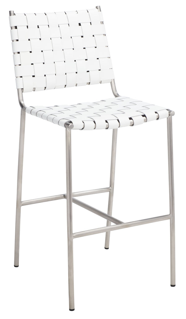 Safavieh Olenna Woven Counter Stool - Artisanal Leather Seat With Sleek Metal Base For Modern Dining Spaces White / Silver BST3011C
