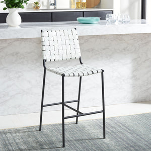 Safavieh Olenna Woven Counter Stool - Artisanal Leather Seat With Sleek Metal Base For Modern Dining Spaces White / Black BST3011D