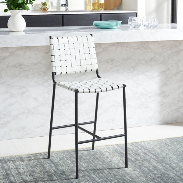 Safavieh Olenna Woven Counter Stool - Artisanal Leather Seat With Sleek Metal Base For Modern Dining Spaces White / Black BST3011D