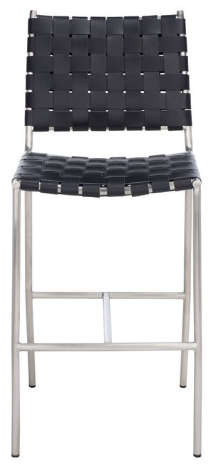 Safavieh Olenna Woven Counter Stool - Artisanal Leather Seat With Sleek Metal Base For Modern Dining Spaces Black / Silver BST3011E