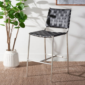 Safavieh Olenna Woven Counter Stool - Artisanal Leather Seat With Sleek Metal Base For Modern Dining Spaces Black / Silver BST3011E