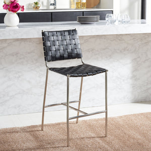 Safavieh Olenna Woven Counter Stool - Artisanal Leather Seat With Sleek Metal Base For Modern Dining Spaces Black / Silver BST3011E