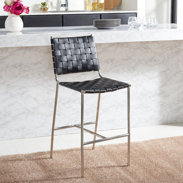 Safavieh Olenna Woven Counter Stool - Artisanal Leather Seat With Sleek Metal Base For Modern Dining Spaces Black / Silver BST3011E