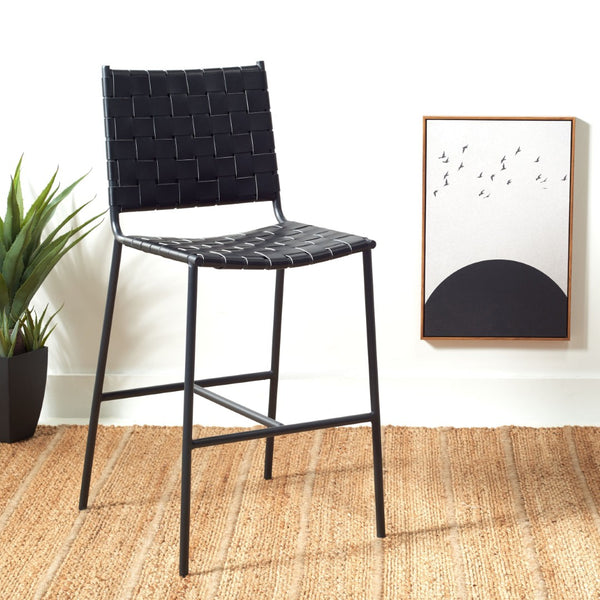 Safavieh Olenna Woven Counter Stool - Artisanal Leather Seat With Sleek Metal Base For Modern Dining Spaces Black / Black BST3011F