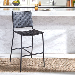 Safavieh Olenna Woven Counter Stool - Artisanal Leather Seat With Sleek Metal Base For Modern Dining Spaces Black / Black BST3011F