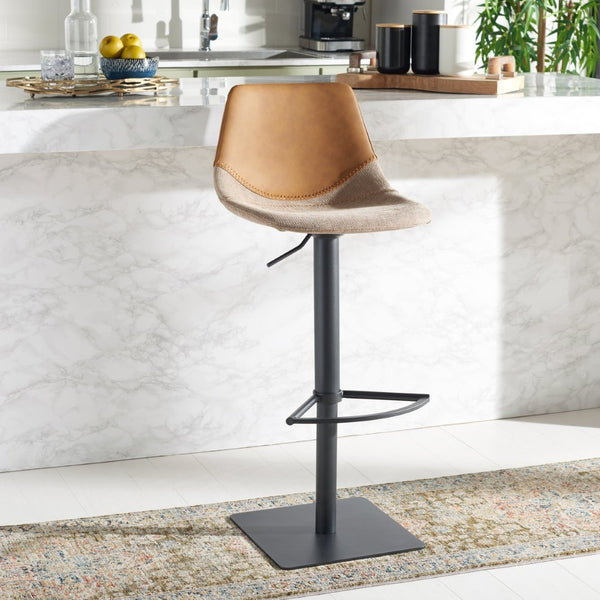 Safavieh Rylen Gas Lift Bar Stool - Stylish Adjustable Seating With Vegan Leather & Couture Detailing For Modern Spaces Cognac  / Black BST3012A