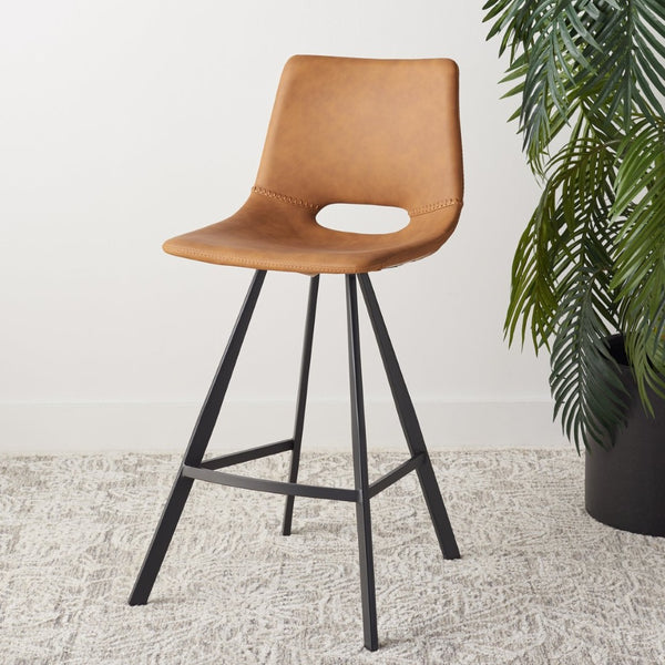 Safavieh Raylee Counter Stool – Contemporary Vegan Leather Design With Angled Legs For Modern Interiors Cognac / Black BST3015B