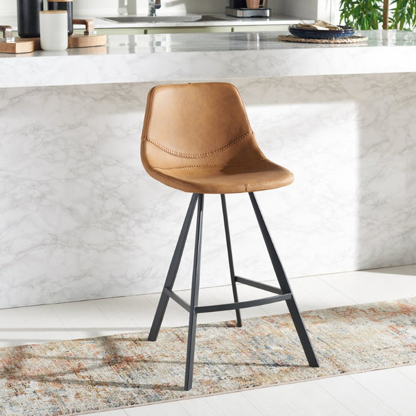 Safavieh Ryanne Counter Stool - Modern Minimalist Design With Contoured Seat And Chic Cross-Stitch Detail Cognac / Black BST3017B