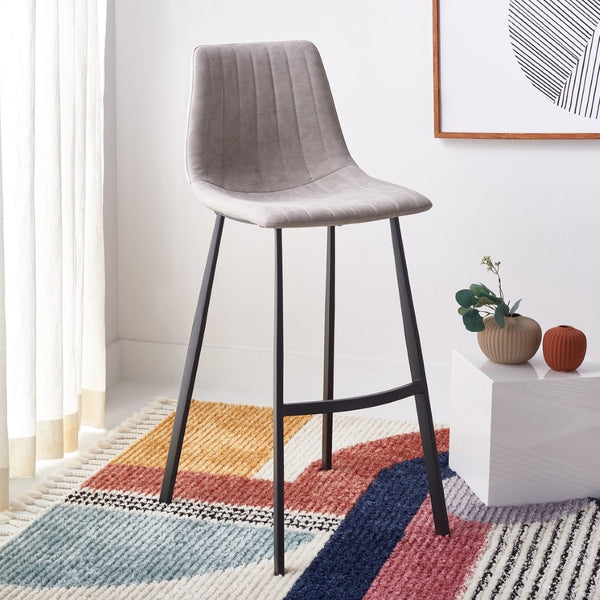 Safavieh Rhyatte Contemporary Bar Stool With Stone Vegan Leather, Black Iron Base & Ergonomic Comfort Design BST3018B