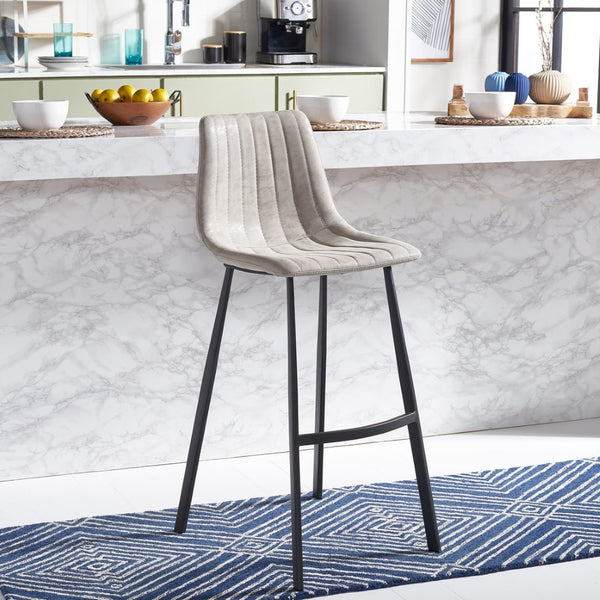 Safavieh Rhyatte Contemporary Bar Stool With Stone Vegan Leather, Black Iron Base & Ergonomic Comfort Design BST3018B