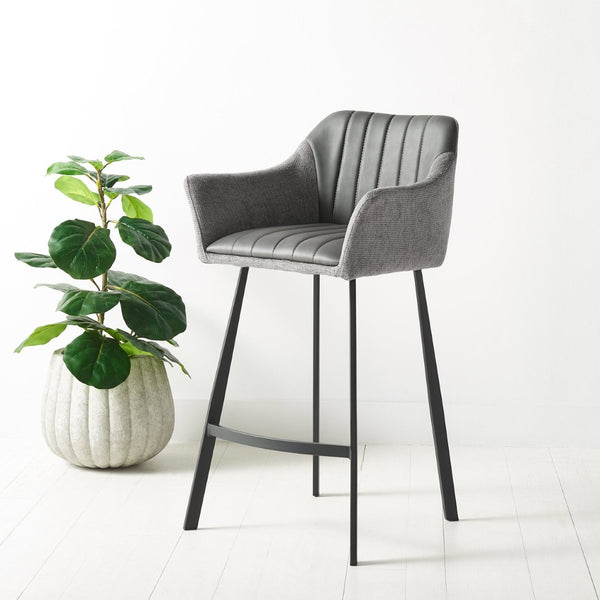 Safavieh Rodi Modern Vintage Counter Stool - Channel-Tufted Grey Vegan Leather & Soft Fabric Arms For Comfort BST3019A