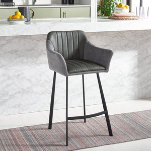 Safavieh Rodi Modern Vintage Counter Stool - Channel-Tufted Grey Vegan Leather & Soft Fabric Arms For Comfort BST3019A