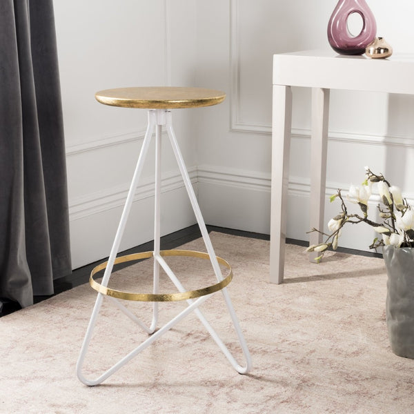 Safavieh Galexia Bar Stool - Modern Retro Design With Sculptural Lines For Stylish Home Or Commercial Spaces Gold Top+Ring/White Legs BST3200C