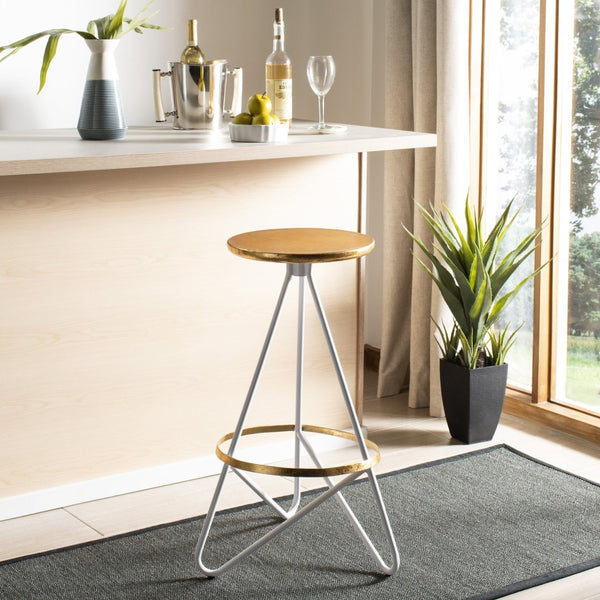 Safavieh Galexia Bar Stool - Modern Retro Design With Sculptural Lines For Stylish Home Or Commercial Spaces Gold Top+Ring/White Legs BST3200C