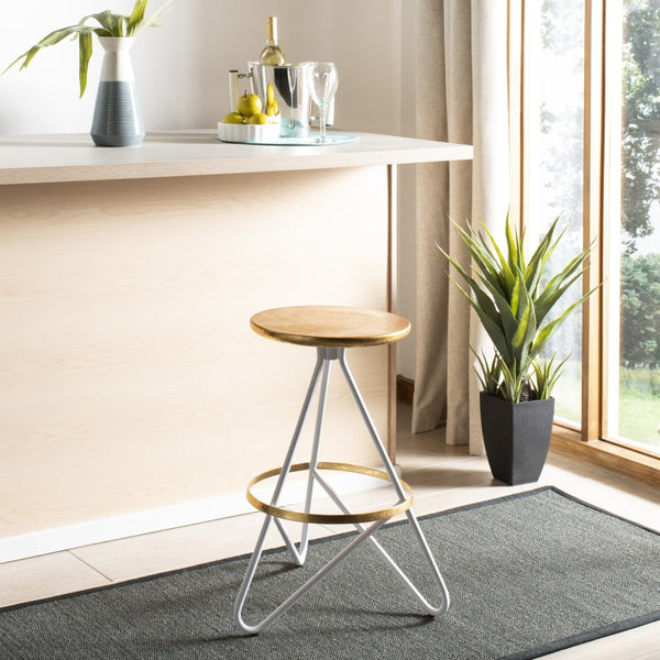 Safavieh Galexia Counter Stool: Vintage Industrial Charm With Sculptural Iron Frame For Stylish Comfort Gold Top+Ring/White Legs BST3201C
