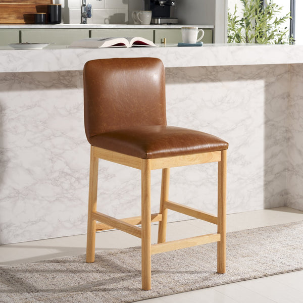 Safavieh Gavril Counter Stool – Chic Faux Leather With Solid Wood Frame For Elegant Kitchen Dining Spaces Cognac ,Natural Wood,Fabric,Foam Bst5200a